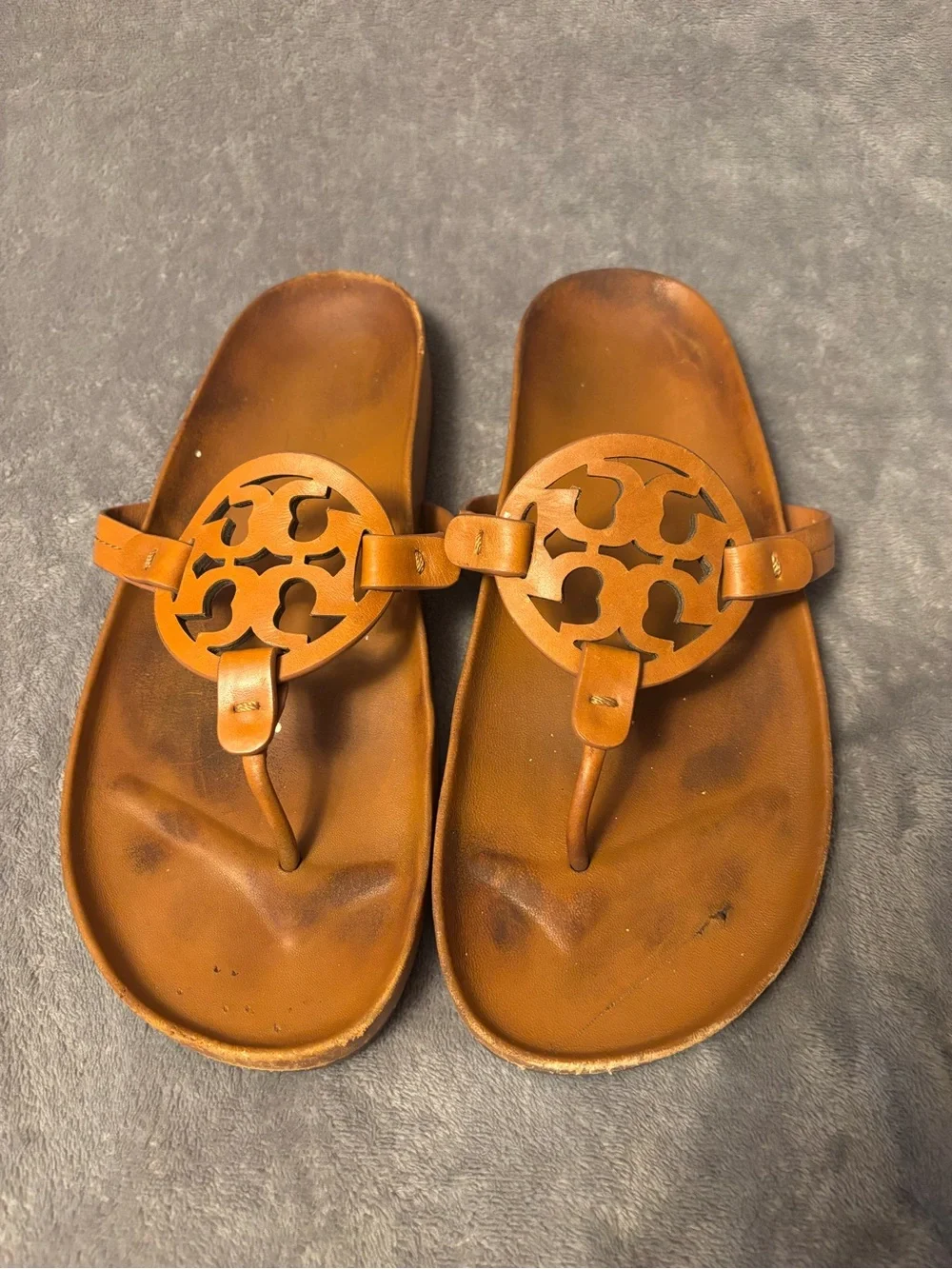Tory Burch Cognac Leather Logo Thong Sandals